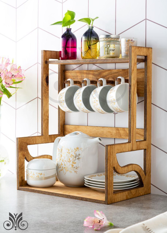 استند چوبی دو طبقه،استند دو طبقه چوبی اویز دار،استند پاسماوری چوبی،استند اویز ماگ چوبی